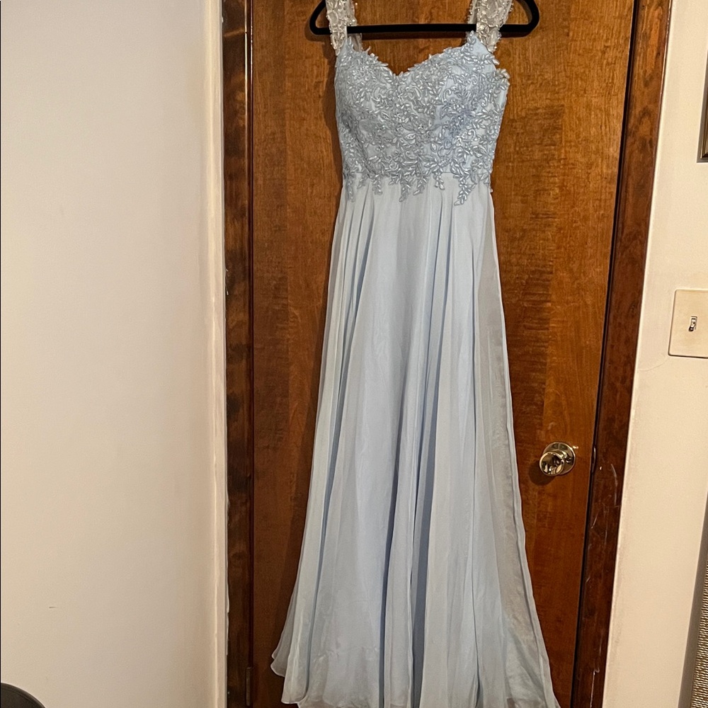 La Femme Light Blue Lace Prom Dress